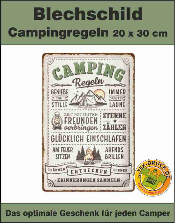 Blechschild Campingregeln das optimale Geschenk für jeden Camper.
