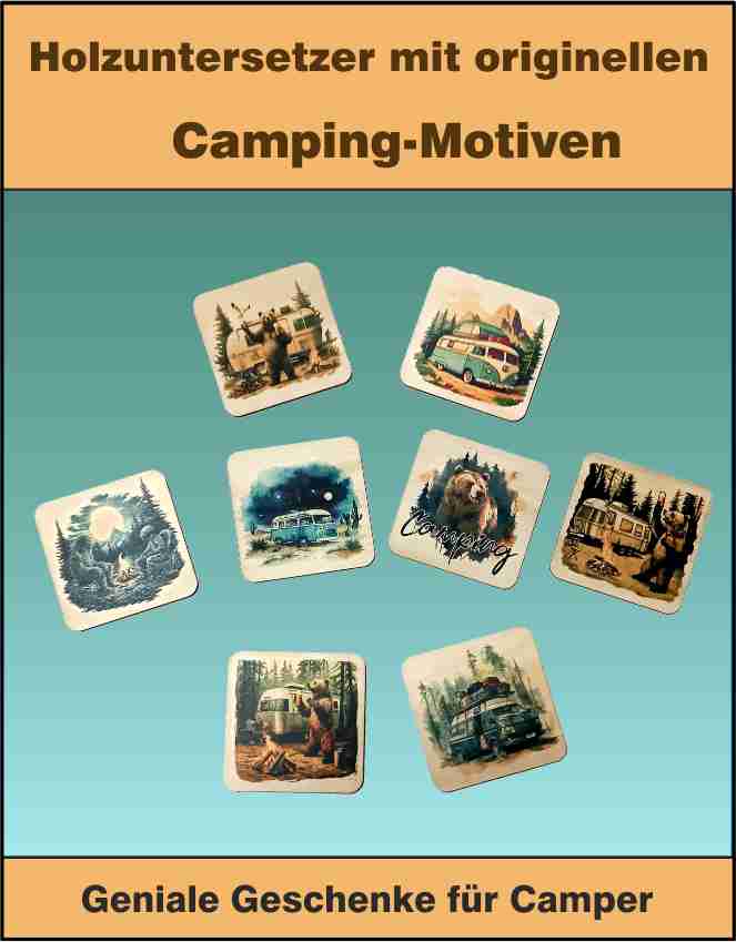 Acht Sperrholz-Untersetzer mit originellen Camping-Motiven im Set