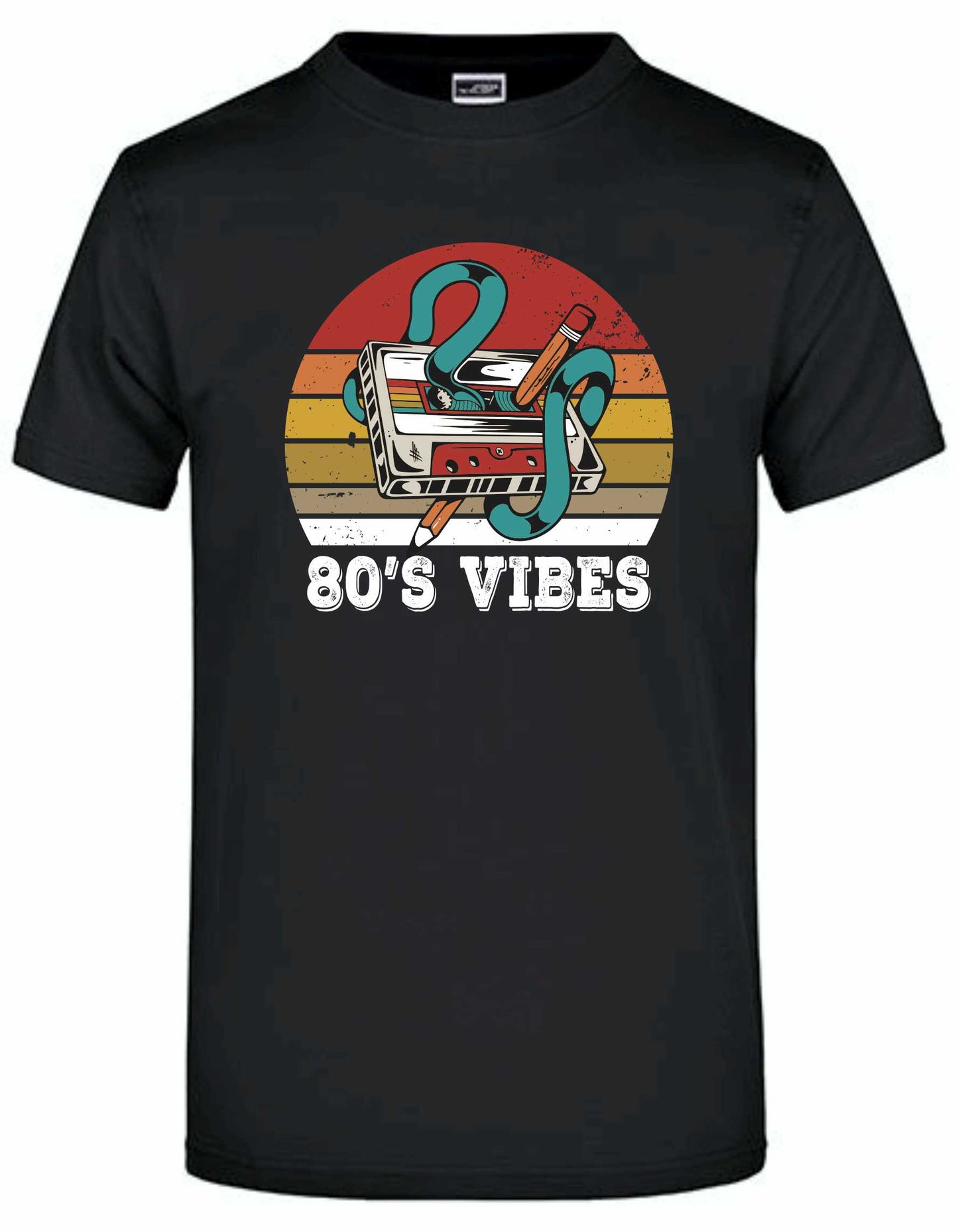 T-Shirt Round James & Nicolson mit Aufdruck "T-Shirt Retro-80s-Vibes-Casette-Musics" und der Möglichkeit den Rücken selbst zu gestalten.
