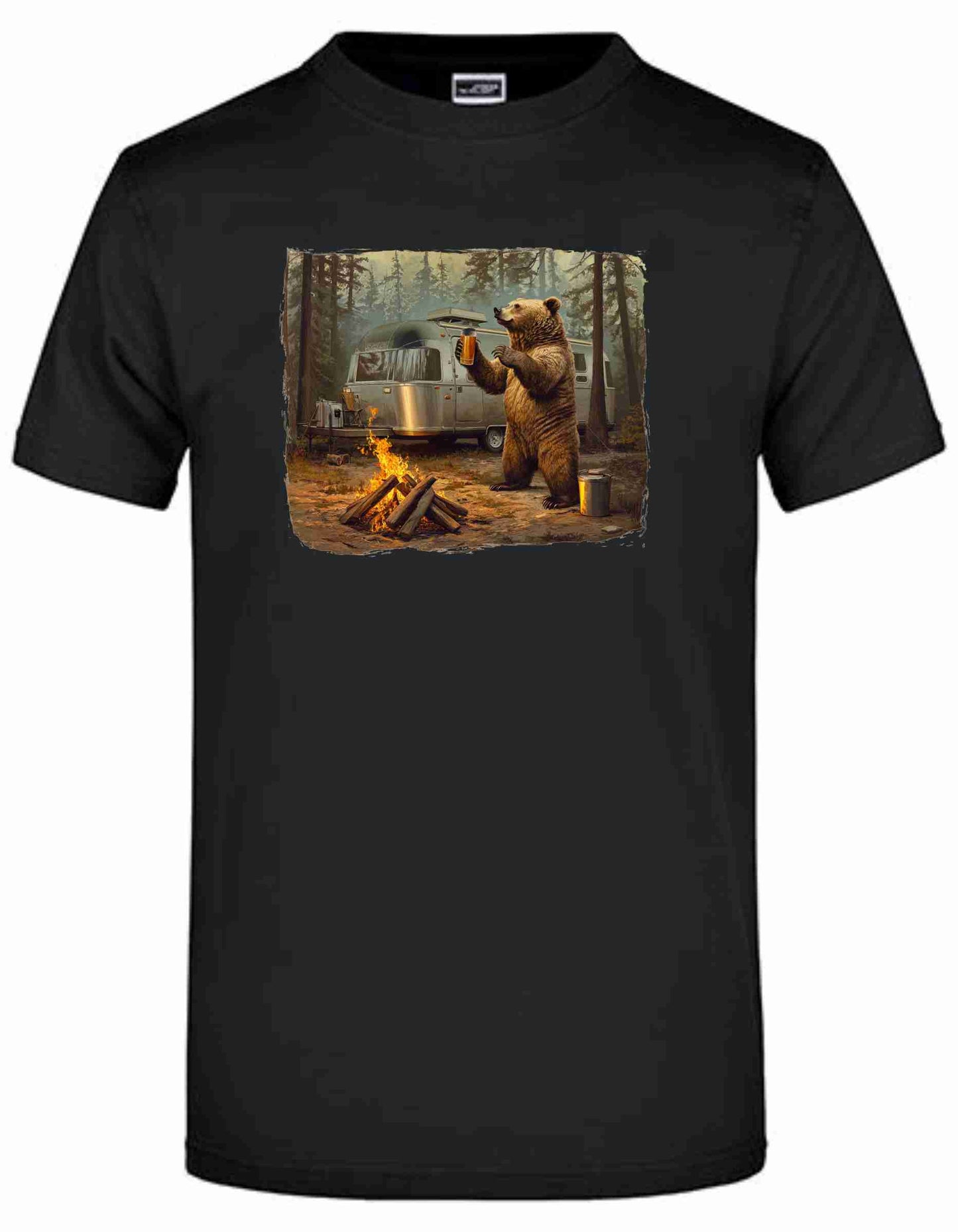 T-Shirt Round James & Nicolson mit Aufdruck "Grizzly-Camping-Bear-Drinking-Bear" und der Möglichkeit das Shirt selbst zu gestalten.