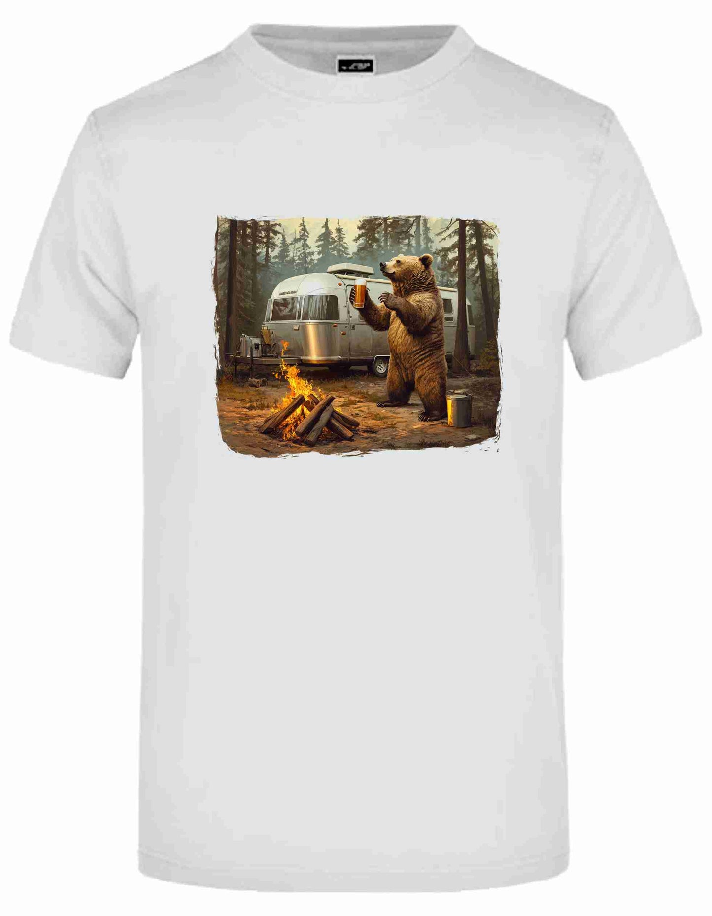 T-Shirt Round James & Nicolson mit Aufdruck "Grizzly-Camping-Bear-Drinking-Bear" und der Möglichkeit das Shirt selbst zu gestalten.