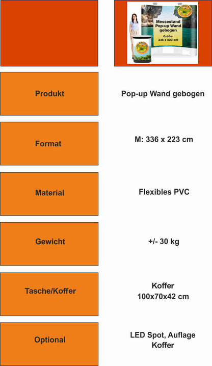 Messestand Pop-up Wand gebogen 336 x 223 cm oder 403 x 223 cm