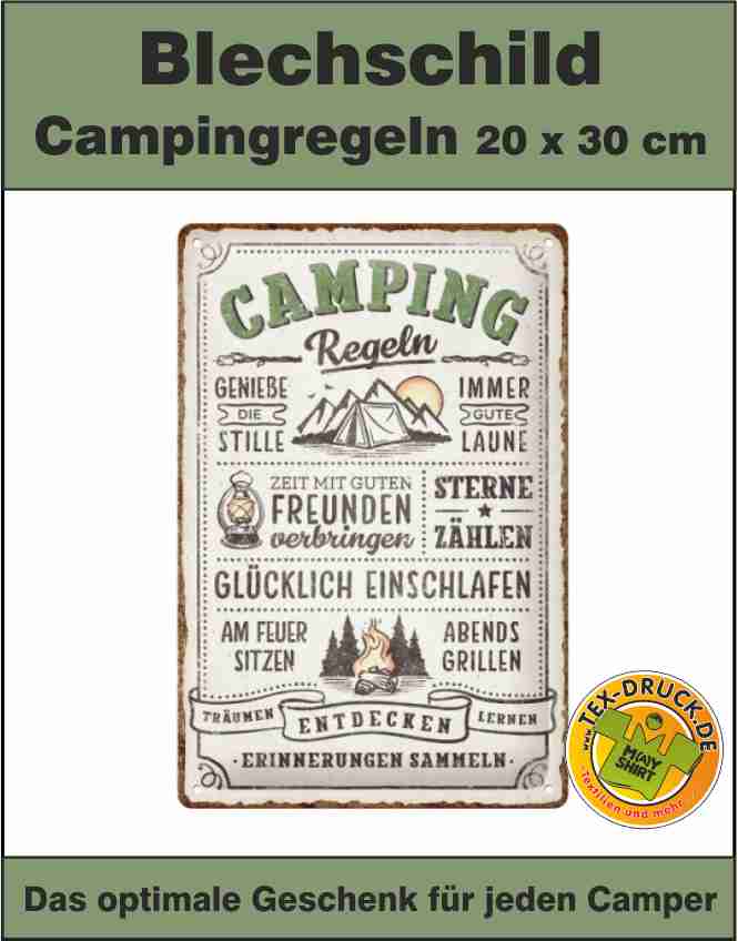 Blechschild Campingregeln  das optimale Geschenk für jeden Camper.