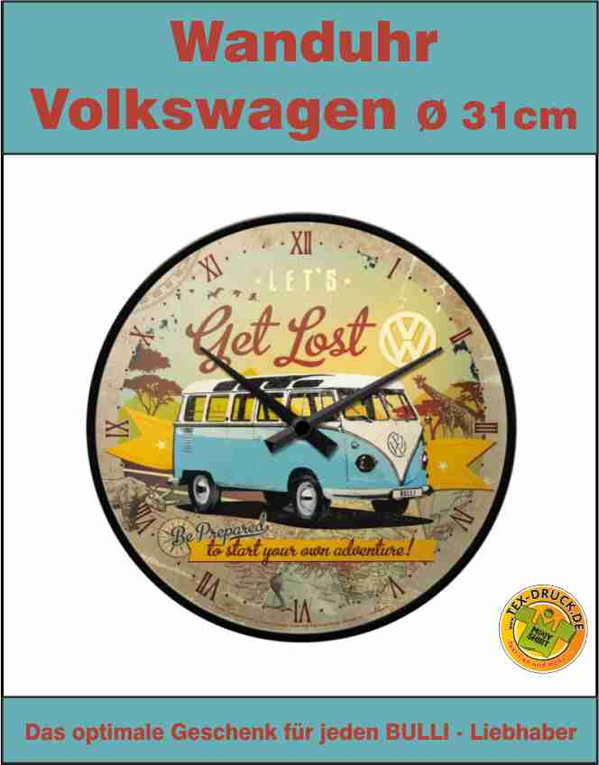 Wanduhr Volkswagen Bulli  Ø 31cm, Metallgehäuse mit gewölbtem Echtglas und Quarzuhrwerk. Retro, Nostalgie, Deko.