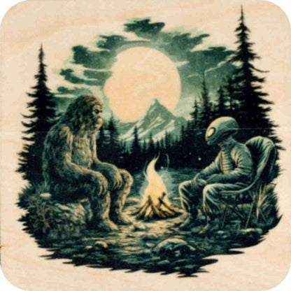 Acht Sperrholz-Untersetzer mit originellen Camping-Motiven im Set