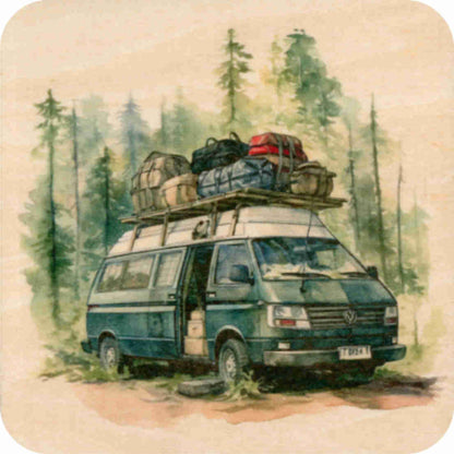 Acht Sperrholz-Untersetzer mit originellen Camping-Motiven im Set