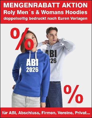 Mengenrabatt Aktion: Roly Men´s & Womans Urban Hoodies RY1067 für ABI, Abschluss, Firmen, Vereine, Privat  mit doppelseitigem Druck